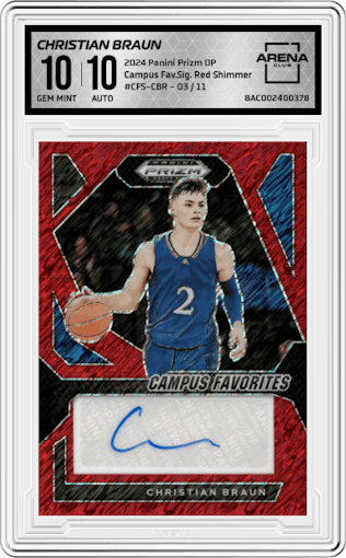 Christian Braun from the 2024 Panini Prizm Draft Picks set featuring a Red Shimmer parallel graded by Arena Club and given an overall grade of 10.