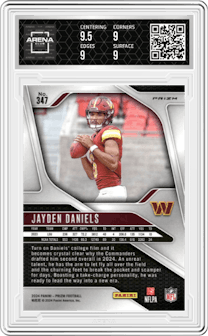 Jayden Daniels from the 2024 Panini Prizm set featuring a Lazer Prizm parallel graded by Arena Club and given an overall grade of 9.