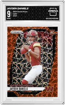 Jayden Daniels from the 2024 Panini Prizm set featuring a Lazer Prizm parallel graded by Arena Club and given an overall grade of 9.