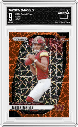 Jayden Daniels from the 2024 Panini Prizm set featuring a Lazer Prizm parallel graded by Arena Club and given an overall grade of 9.
