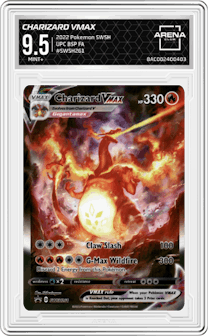Charizard VMAX  from the 2022 Pokemon SWSH set featuring a Ultra Premium Collection parallel graded by Arena Club and given an overall grade of 9.5.