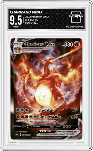 Charizard VMAX  from the 2022 Pokemon SWSH set featuring a Ultra Premium Collection parallel graded by Arena Club and given an overall grade of 9.5.