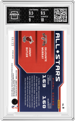 Dejounte Murray/Jimmy Butler from the 2022-23 Panini Donruss Optic  set featuring a Red/Gold Wave parallel graded by Arena Club and given an overall grade of 9.5.