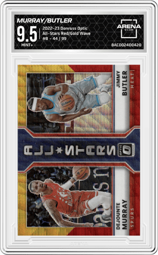 Dejounte Murray/Jimmy Butler from the 2022-23 Panini Donruss Optic  set featuring a Red/Gold Wave parallel graded by Arena Club and given an overall grade of 9.5.