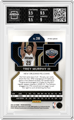 Trey Murphy III from the 2021-22 Panini Prizm  set featuring a Silver Prizm parallel graded by Arena Club and given an overall grade of 9.5.