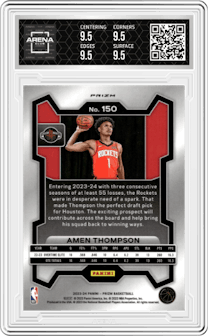 Amen Thompson from the 2023-24 Panini Prizm set featuring a Green Prizm parallel graded by Arena Club and given an overall grade of 9.5.