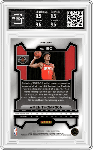 Amen Thompson from the 2023-24 Panini Prizm set featuring a Green Prizm parallel graded by Arena Club and given an overall grade of 9.5.