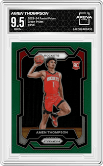 Amen Thompson from the 2023-24 Panini Prizm set featuring a Green Prizm parallel graded by Arena Club and given an overall grade of 9.5.