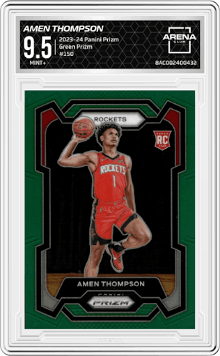 Amen Thompson from the 2023-24 Panini Prizm set featuring a Green Prizm parallel graded by Arena Club and given an overall grade of 9.5.