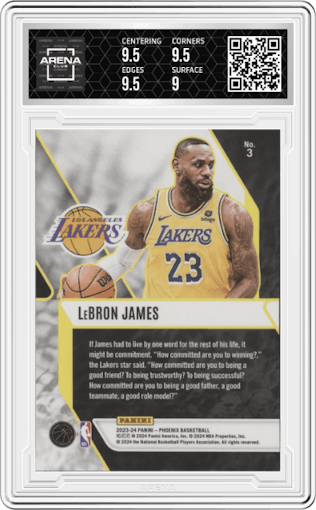 Lebron James from the 2023-24 Panini Phoenix set featuring a Silver parallel graded by Arena Club and given an overall grade of 9.5.