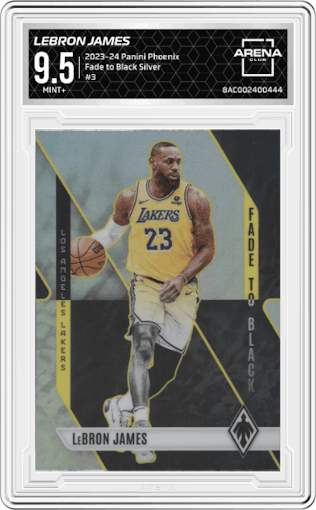 Lebron James from the 2023-24 Panini Phoenix set featuring a Silver parallel graded by Arena Club and given an overall grade of 9.5.