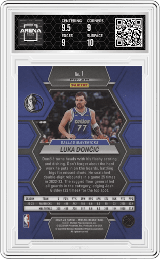 Luka Doncic from the 2022-23 Panini Mosaic set featuring a Silver parallel graded by Arena Club and given an overall grade of 9.5.