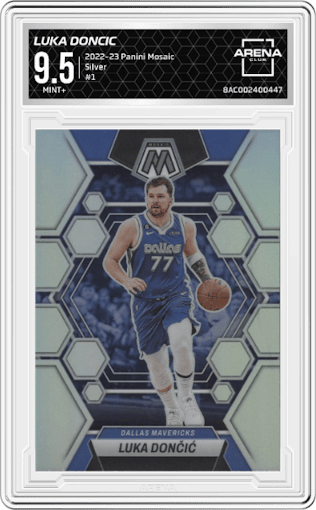 Luka Doncic from the 2022-23 Panini Mosaic set featuring a Silver parallel graded by Arena Club and given an overall grade of 9.5.