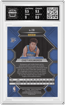 Chet Holmgren from the 2022-23 Panini Mosaic set graded by Arena Club and given an overall grade of 9.