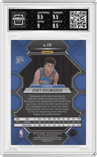 Chet Holmgren from the 2022-23 Panini Mosaic set graded by Arena Club and given an overall grade of 9.