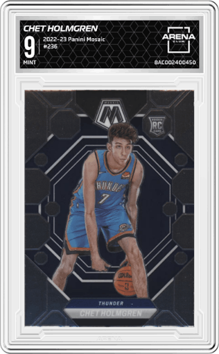 Chet Holmgren from the 2022-23 Panini Mosaic set graded by Arena Club and given an overall grade of 9.
