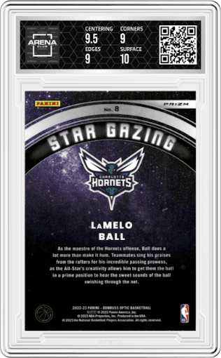 LaMelo Ball from the 2022-23 Panini Donruss Optic  set featuring a Red Wave parallel graded by Arena Club and given an overall grade of 9.5.