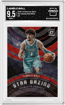 LaMelo Ball from the 2022-23 Panini Donruss Optic  set featuring a Red Wave parallel graded by Arena Club and given an overall grade of 9.5.