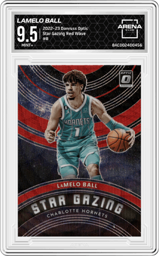LaMelo Ball from the 2022-23 Panini Donruss Optic  set featuring a Red Wave parallel graded by Arena Club and given an overall grade of 9.5.