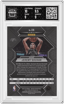 Jeremy Sochan from the 2022-23 Panini Mosaic set featuring a Red Wave parallel graded by Arena Club and given an overall grade of 9.5.