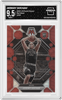 Jeremy Sochan from the 2022-23 Panini Mosaic set featuring a Red Wave parallel graded by Arena Club and given an overall grade of 9.5.