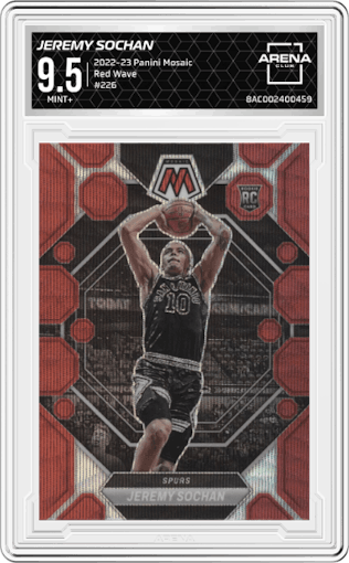 Jeremy Sochan from the 2022-23 Panini Mosaic set featuring a Red Wave parallel graded by Arena Club and given an overall grade of 9.5.