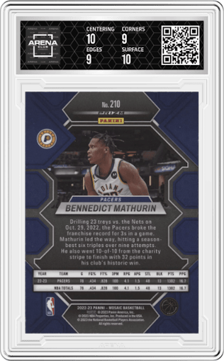 Bennedict Mathurin from the 2022-23 Panini Mosaic set featuring a Red Wave parallel graded by Arena Club and given an overall grade of 9.5.