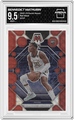 Bennedict Mathurin from the 2022-23 Panini Mosaic set featuring a Red Wave parallel graded by Arena Club and given an overall grade of 9.5.