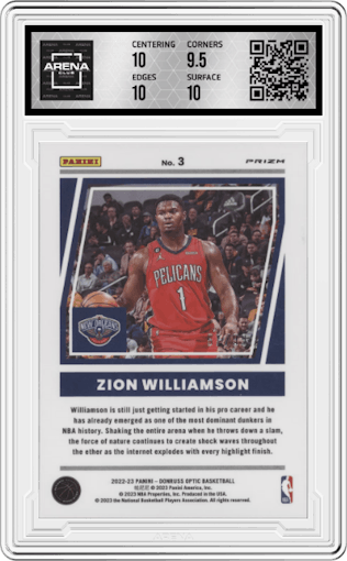 Zion Williamson from the 2022-23 Panini Donruss Optic  set featuring a Red & Gold Wave parallel graded by Arena Club and given an overall grade of 10.
