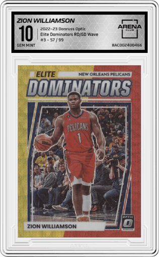 Zion Williamson from the 2022-23 Panini Donruss Optic  set featuring a Red & Gold Wave parallel graded by Arena Club and given an overall grade of 10.