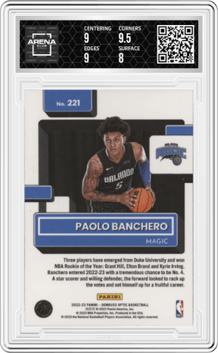 Paolo Banchero from the 2022-23 Panini Donruss Optic  set graded by Arena Club and given an overall grade of 8.5.