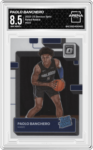 Paolo Banchero from the 2022-23 Panini Donruss Optic  set graded by Arena Club and given an overall grade of 8.5.