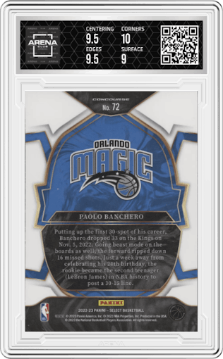 Paolo Banchero from the 2022-23 Panini Select set graded by Arena Club and given an overall grade of 9.5.