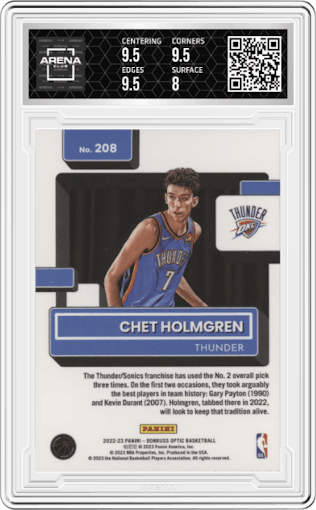Chet Holmgren from the 2022-23 Panini Donruss Optic  set graded by Arena Club and given an overall grade of 8.5.