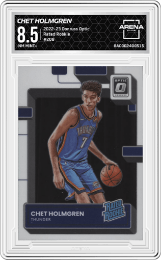 Chet Holmgren from the 2022-23 Panini Donruss Optic  set graded by Arena Club and given an overall grade of 8.5.