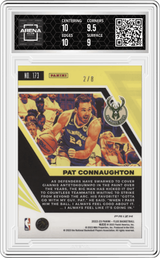 Pat Connaughton from the 2022-23 Panini Flux set featuring a Lucky Envelopes parallel graded by Arena Club and given an overall grade of 9.5.