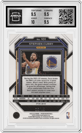Stephen Curry from the 2022-23 Panini Prizm  set featuring a Orange Prizm parallel graded by Arena Club and given an overall grade of 10.