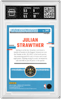 Julian Strawther from the 2023-24 Donruss Optic set featuring a Choice Dragon Prizm parallel graded by Arena Club and given an overall grade of 9.5.