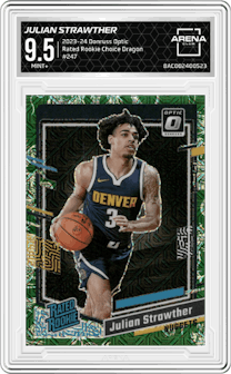Julian Strawther from the 2023-24 Donruss Optic set featuring a Choice Dragon Prizm parallel graded by Arena Club and given an overall grade of 9.5.