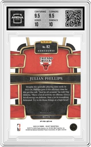 Julian Phillips from the 2023-24 Panini Select  set featuring a Gold Tectonic parallel graded by Arena Club and given an overall grade of 10.