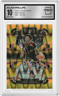 Julian Phillips from the 2023-24 Panini Select  set featuring a Gold Tectonic parallel graded by Arena Club and given an overall grade of 10.