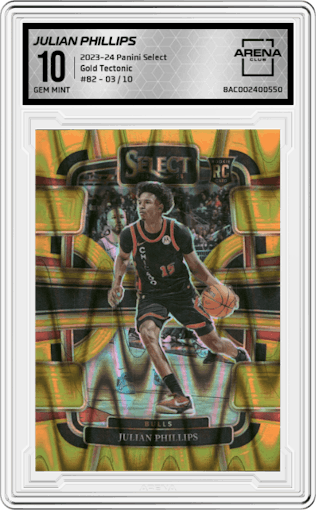 Julian Phillips from the 2023-24 Panini Select  set featuring a Gold Tectonic parallel graded by Arena Club and given an overall grade of 10.