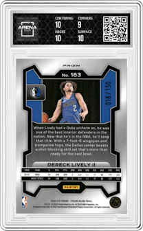 Dereck Lively II from the 2023-24 Panini Prizm set featuring a Fast Break Blue Prizm parallel graded by Arena Club and given an overall grade of 9.5.