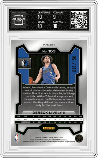 Dereck Lively II from the 2023-24 Panini Prizm set featuring a Fast Break Blue Prizm parallel graded by Arena Club and given an overall grade of 9.5.