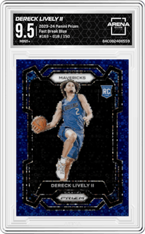Dereck Lively II from the 2023-24 Panini Prizm set featuring a Fast Break Blue Prizm parallel graded by Arena Club and given an overall grade of 9.5.