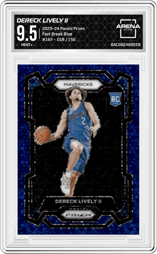 Dereck Lively II from the 2023-24 Panini Prizm set featuring a Fast Break Blue Prizm parallel graded by Arena Club and given an overall grade of 9.5.