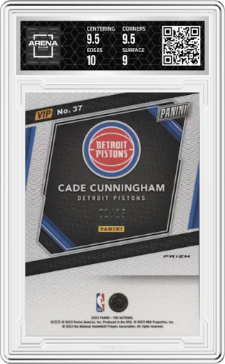 Cade Cunningham from the 2023 Panini The National VIP set featuring a Blue/Yellow/Green  parallel graded by Arena Club and given an overall grade of 9.5.