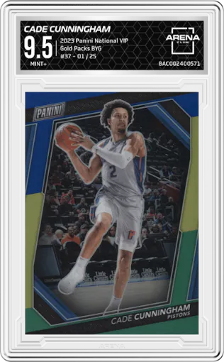 Cade Cunningham from the 2023 Panini The National VIP set featuring a Blue/Yellow/Green  parallel graded by Arena Club and given an overall grade of 9.5.