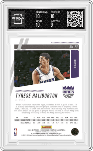 Tyrese Haliburton from the 2020-21 Panini Chronicles set featuring a Lucky Envelopes parallel graded by Arena Club and given an overall grade of 9.5.