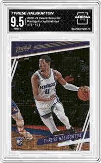 Tyrese Haliburton from the 2020-21 Panini Chronicles set featuring a Lucky Envelopes parallel graded by Arena Club and given an overall grade of 9.5.